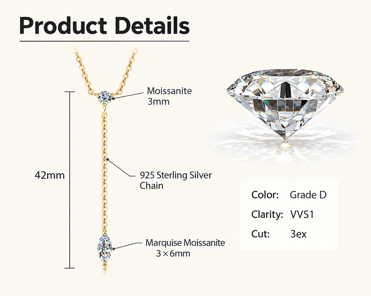 D Color VVS1 Marquise Moissanite Necklace for Mom, 925 Silver