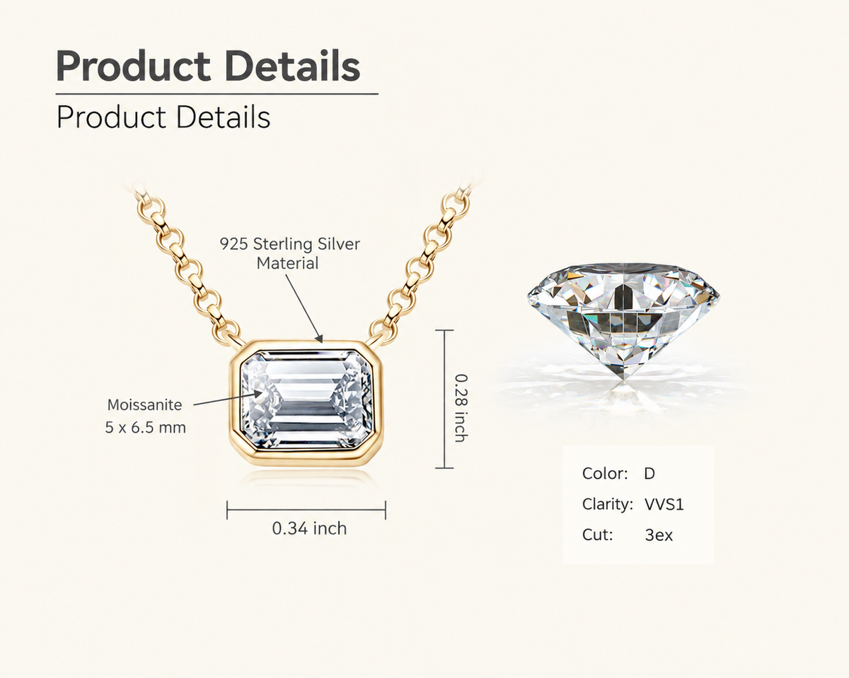1 Carat Emerald Cut Moissanite Necklace for Mom, 925 Sterling Silver, GRA