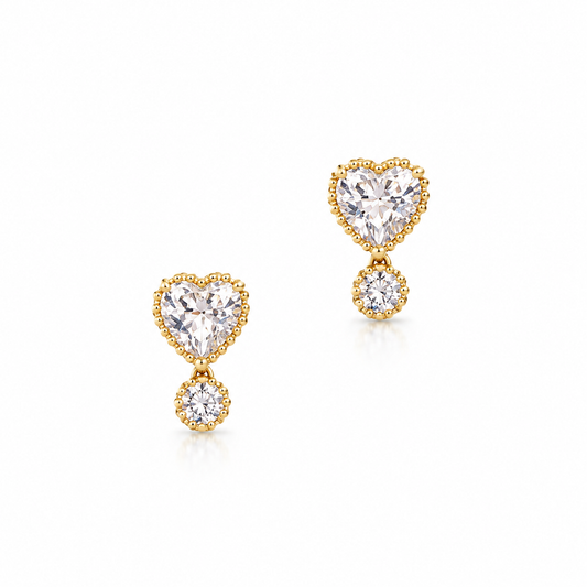 9K Solid Gold Heart Stud Earrings with Cubic Zirconia, Mom Gift