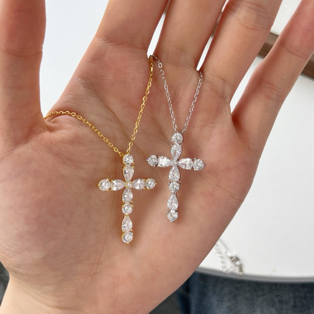 D Color Moissanite Cross Necklace for Mom, 925 Silver, 18K Gold Plated